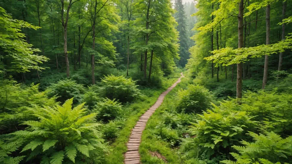High angle view of a serene nature trail leading into a vibrant forest