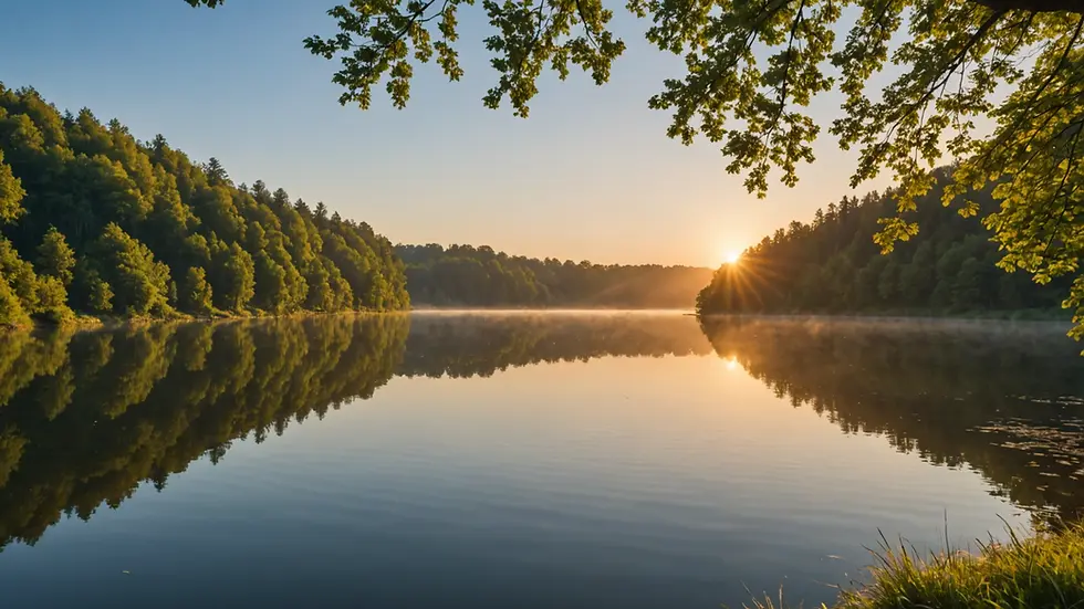 Eye-level view of a peaceful lakeside during sunrise