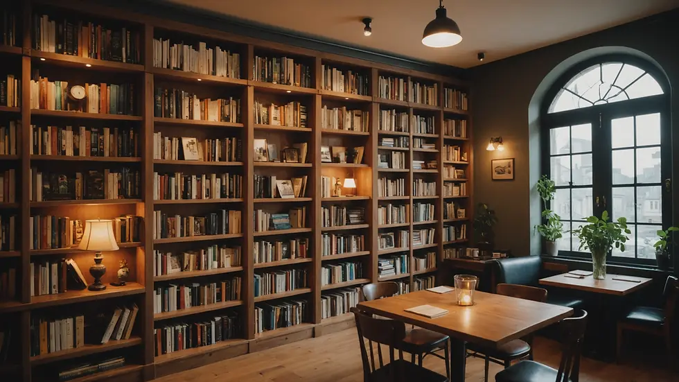 Eye-level view of a cozy literary cafe with bookshelves
