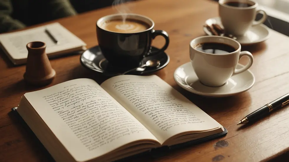 Close-up of a journal with handwritten notes and a steaming cup of coffee