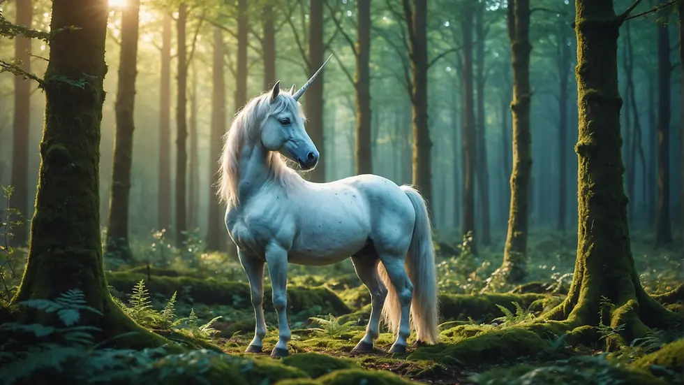 An imaginative unicorn in a mystical forest, symbolizing creativity and dreams.