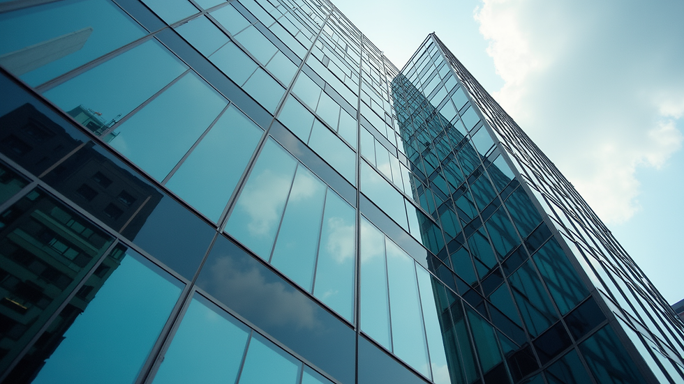 High angle view of a commercial office building with glass windows
