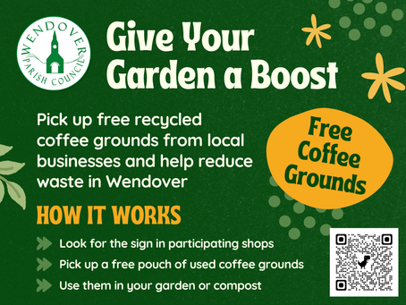 Poster advertising free coffee grounds from Wendover businesses for gardening and compost use