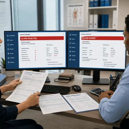 Medical billing professionals reviewing claim rejection and claim denial information