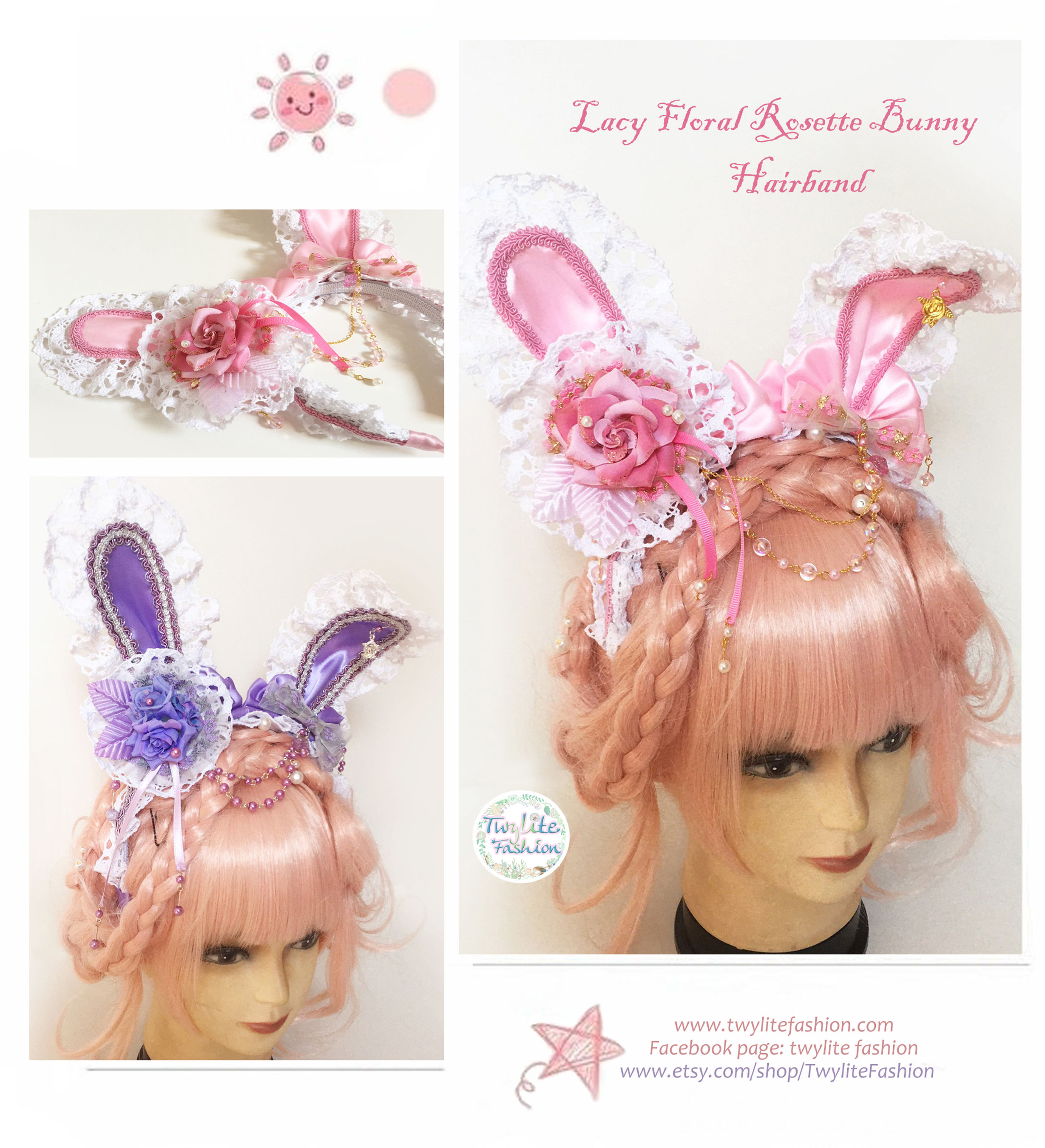 Lacy Floral Rosette Bunny Hairband