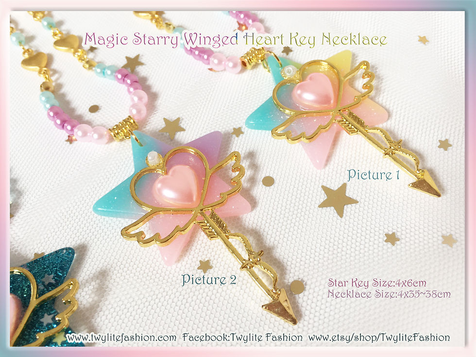 Thumbnail: Magic Starry Winged Heart Key NecklaceSweet Lolita/Kawaii/Fairykei/