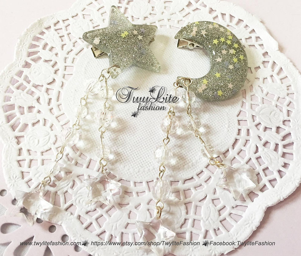 Thumbnail: Glittering Moon & Star Dangle Hair clips