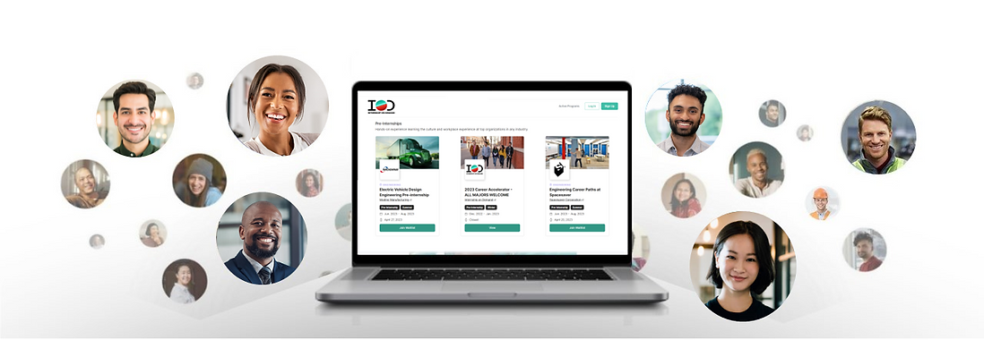 A laptop featuring Internship on Demand's platform with photos of professionals surrounding it