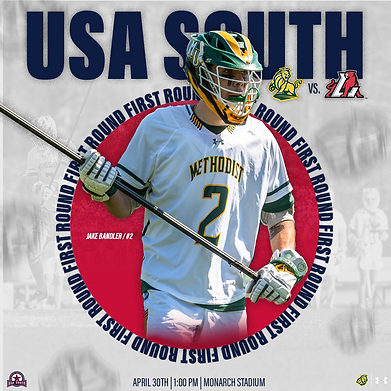 Lacrosse player on a white and red background featuring USA South text and logos from schools and name of the player