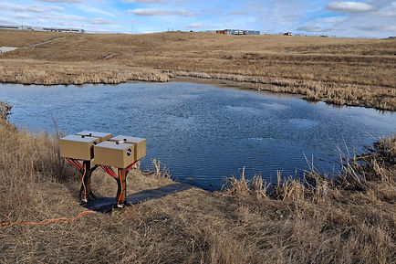 Wide system overview showing aeration compressor infrastructure positioned onshore and a network of 20 fine-bubble diffusers operating in the shallow pond. Installed onshore and a network of 20 fine-bubble diffusers operating in the shallow pond. Installed in Spring 2025 by AEC to replace an ineffective, high-cost nano-bubbler system and improve DO = odour outcomes from glycol runoff.