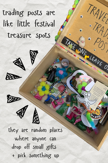 A trading post box at a festival filled with tiny treasures like beads, stickers, and toys, with text explaining it’s a place to drop off and pick up small gifts. A fun and creative part of the trading post festival experience.