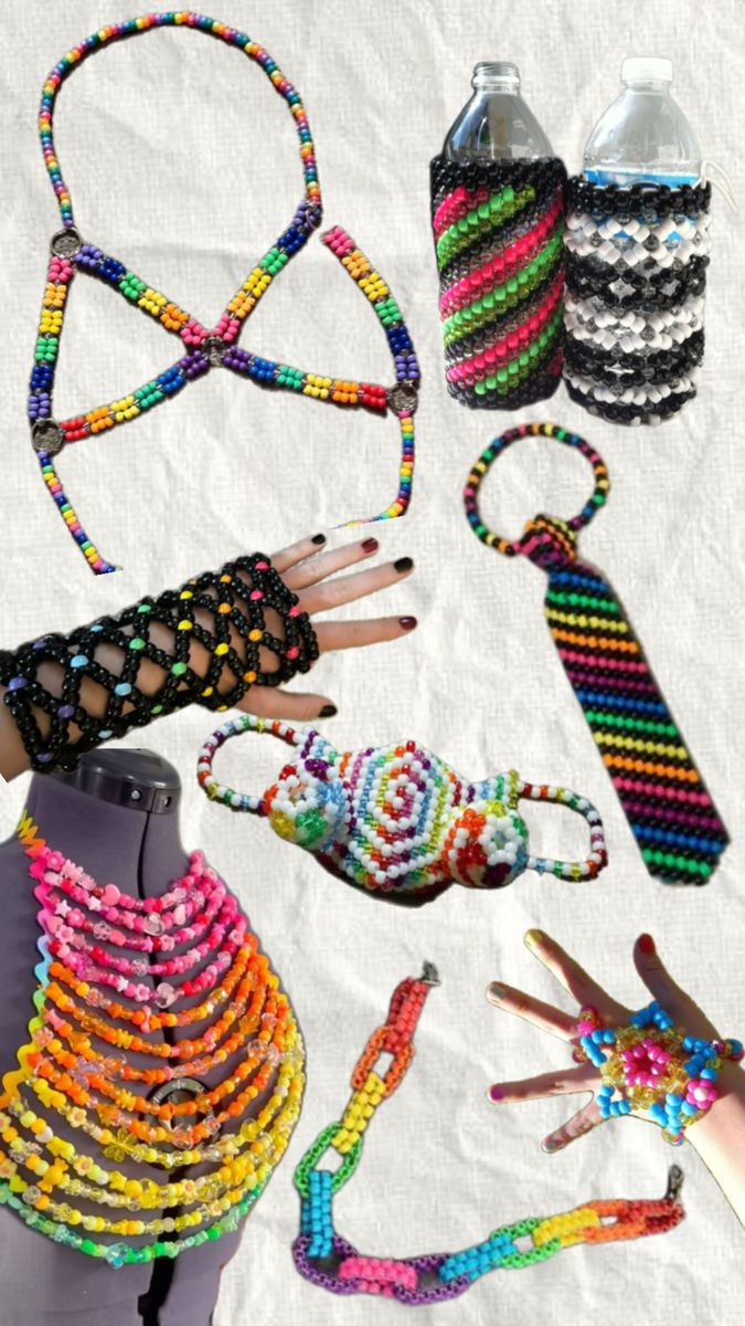 Colorful pony beaded crafts include bottle holders, a mask, tie, gloves, and a chest piece on a mannequin. Vibrant and creative designs.