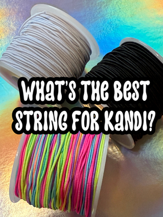 Rolls of elastic stretch cord with text overlay that says what's the best string for kandi