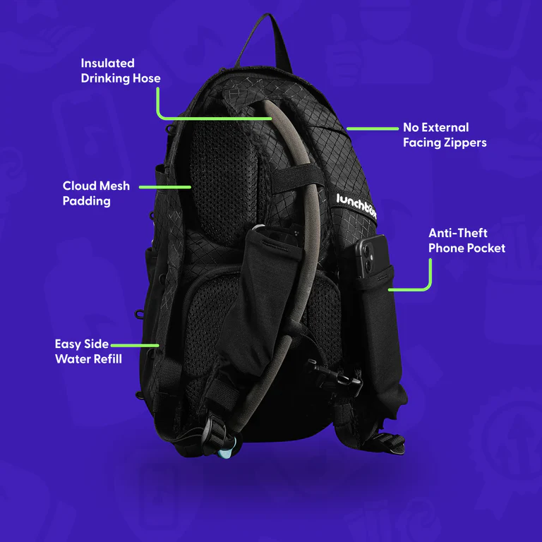 Back view of the Lunchbox Hydration Pack highlighting the insulated drinking hose, cloud mesh padding, easy side refill access, anti-theft phone pocket, and hidden zipper design.
