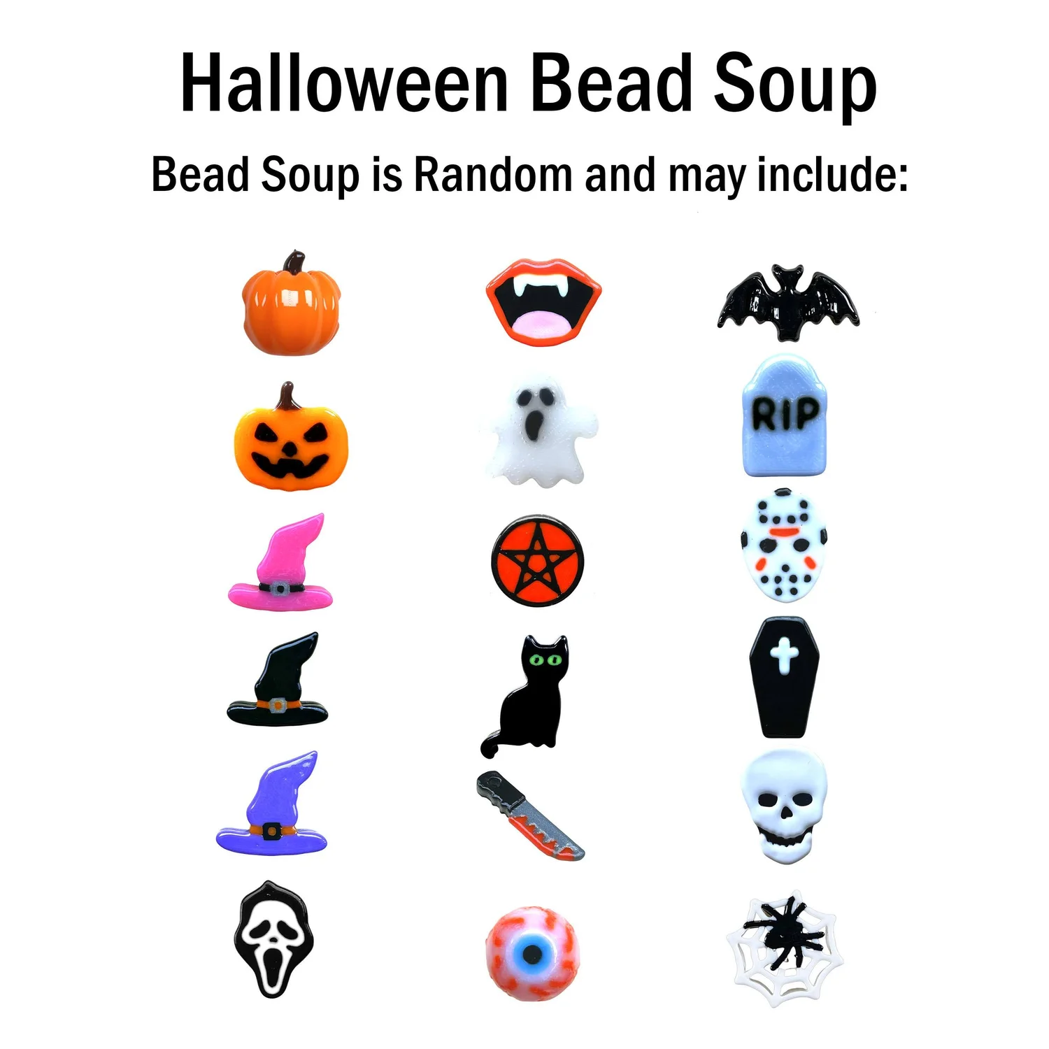 Halloween-themed bead soup mix for kandi bracelets featuring charms like pumpkins, ghosts, skulls, coffins, spiderwebs, and pentagrams on a black, orange, purple, and white color palette. Text overlay reads "Halloween Bead Soup" in a dripping black font on a neon green background.
