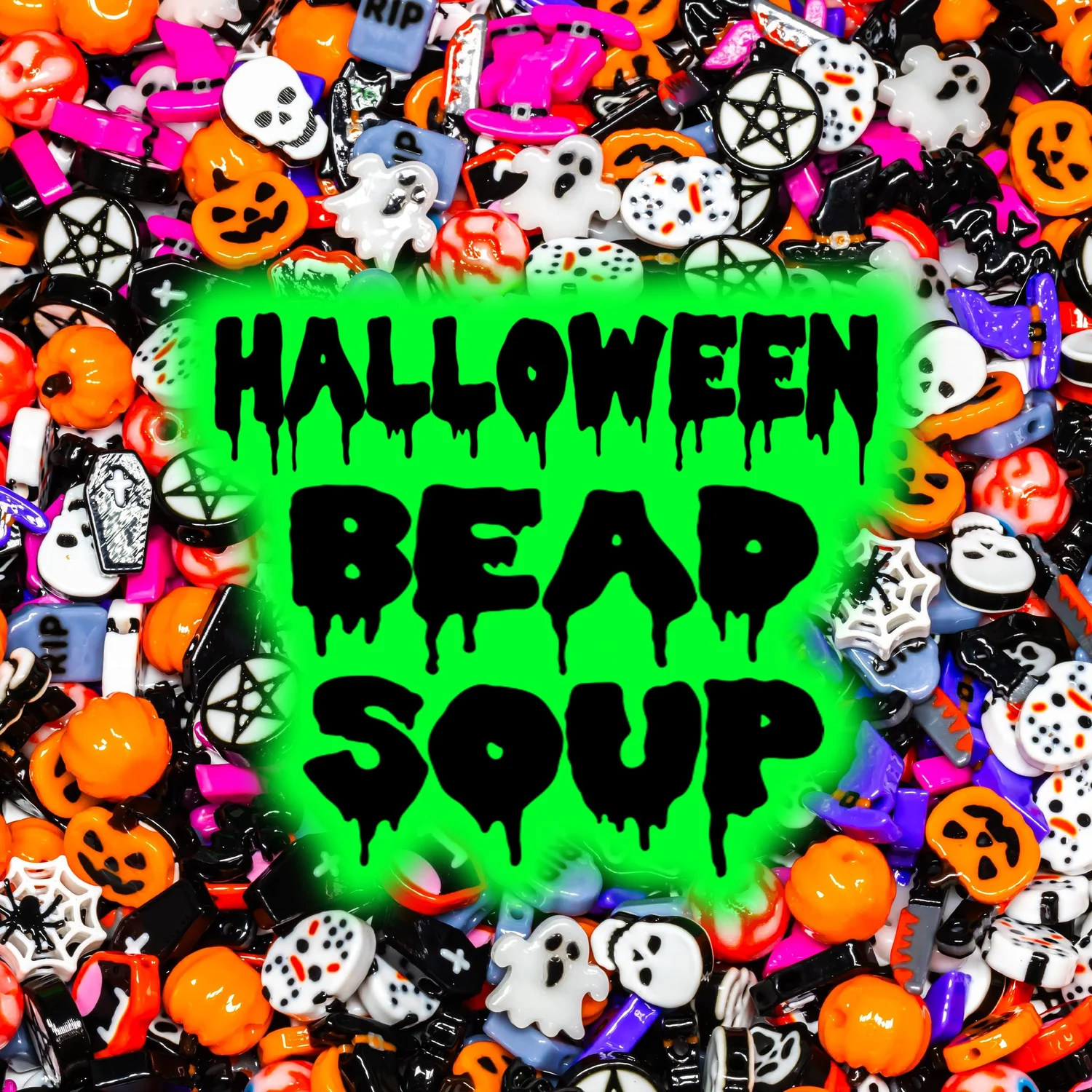 Halloween-themed bead soup mix for kandi bracelets featuring charms like pumpkins, ghosts, skulls, coffins, spiderwebs, and pentagrams on a black, orange, purple, and white color palette. Text overlay reads "Halloween Bead Soup" in a dripping black font on a neon green background.