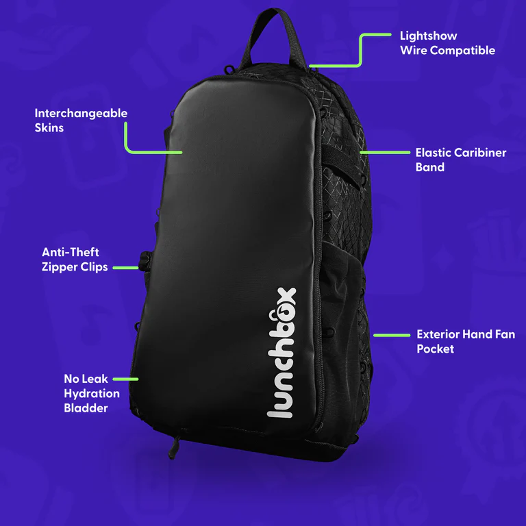 Front view of the Lunchbox Hydration Pack showing features like anti-theft zipper clips, interchangeable skins, no-leak hydration bladder, and pockets for hand fans and carabiners.