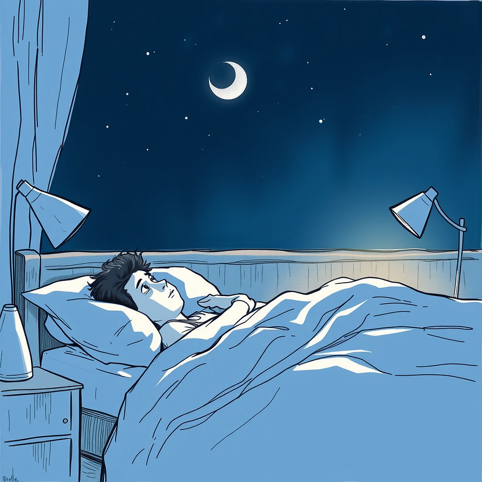 Mensch liegt in der Nacht unglücklich wach im Bett und blickt auf den Wecker.jpg