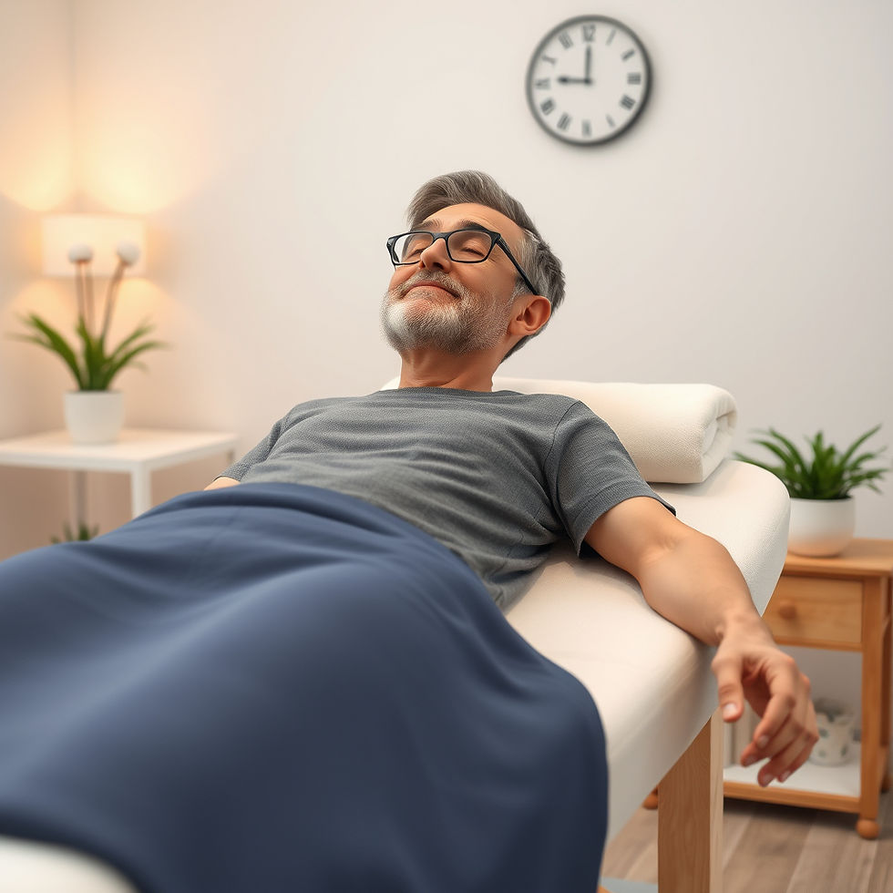 Ein Patient der nach der Behandlung am Massagetisch aufsteht und sich wohl fühlt weil sein