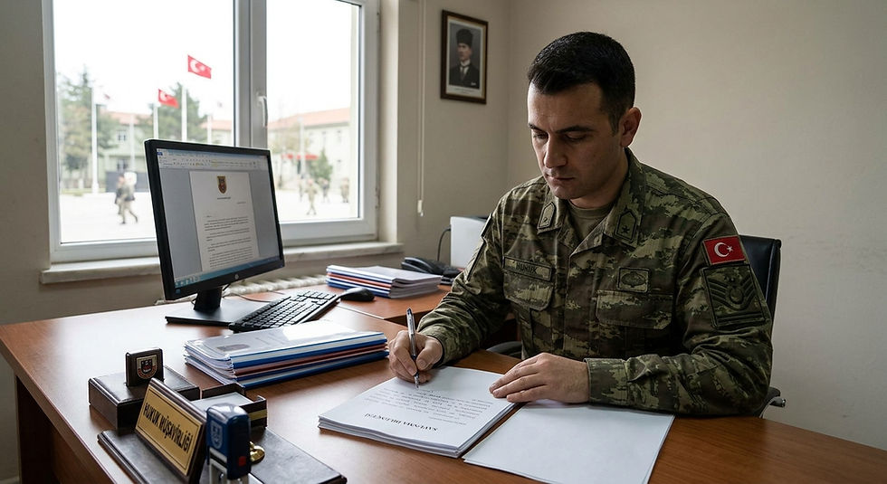 Savunma dilekçesi yazan üniformalı asker, masada bilgisayar ve resmi evraklar var, kışla içi pencereden görünüyor