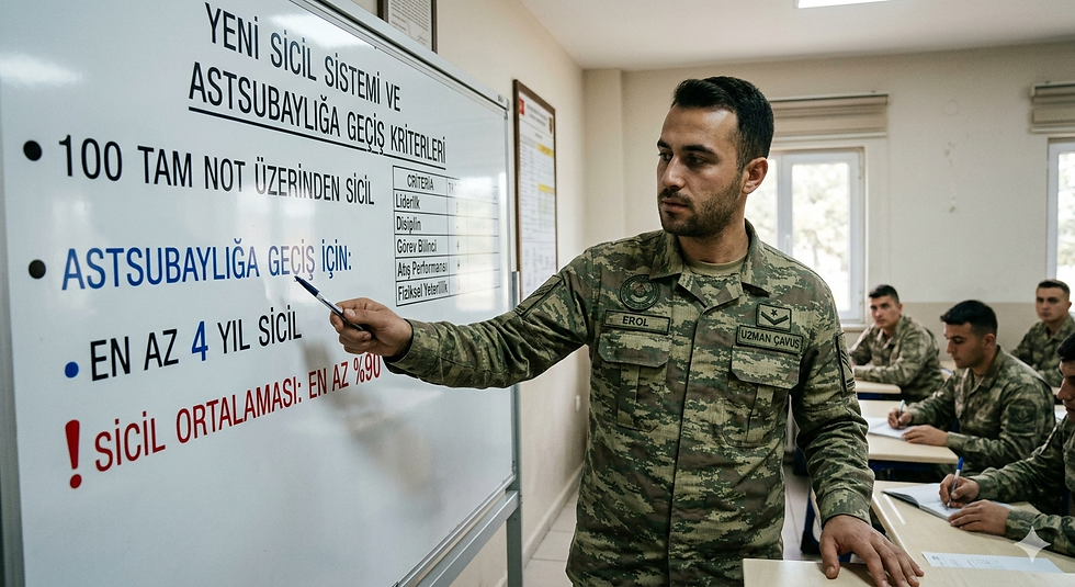 Ders anlatan bir uzman çavuş. Tahtada uzman çavuşlar için astsubaylığa geçiş kriterleri yazıyor.
