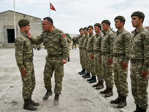 Beton bir zeminde sıraya dizilmiş üniformalı askerler, komutanları onlara dönmüş bağırırken eli ile bir askerin yakasından tutup kavramış onu sarsıyor