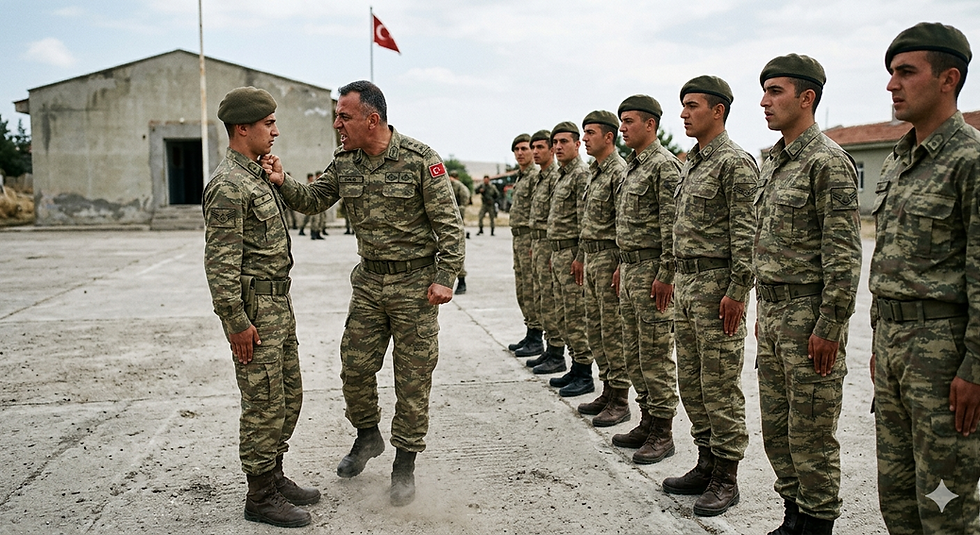 Beton bir zeminde sıraya dizilmiş üniformalı askerler, komutanları onlara dönmüş bağırırken eli ile bir askerin yakasından tutup kavramış onu sarsıyor