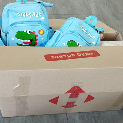 "Backpacks of Joy" backpacks in opened delivery box.