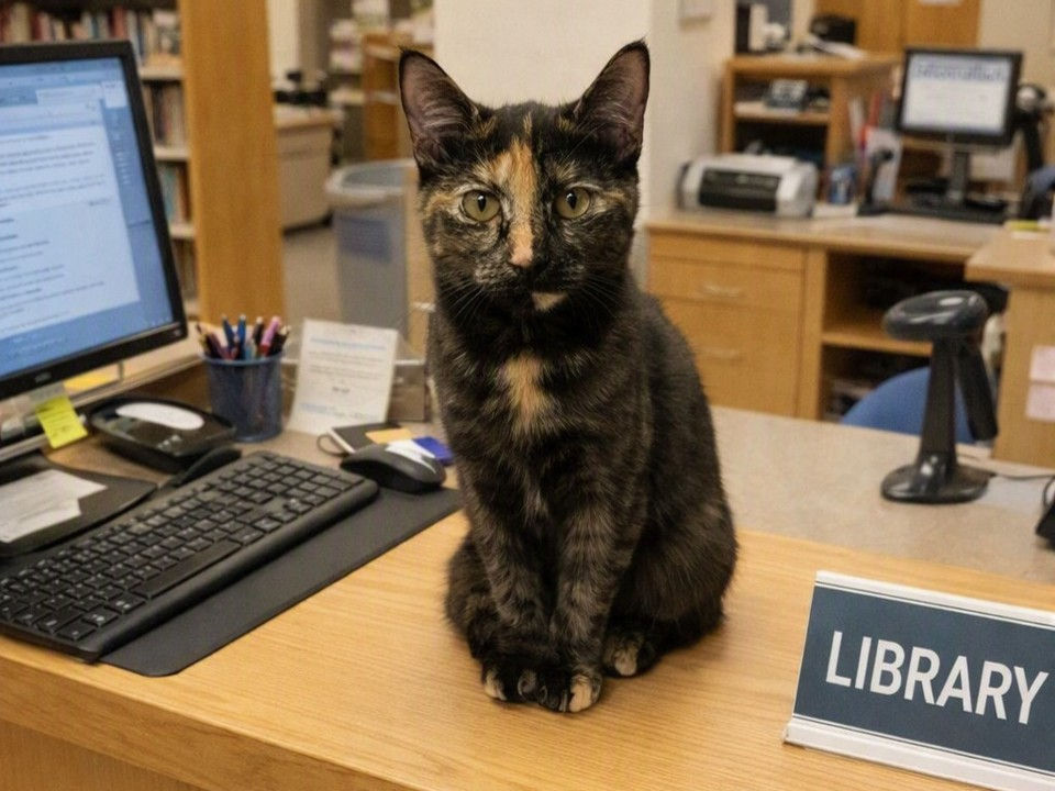 Dewey greeting visitors at the Library's reception desk.