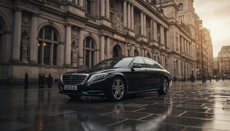 Wide-angle view of a luxury black chauffeur car near Manchester architecture