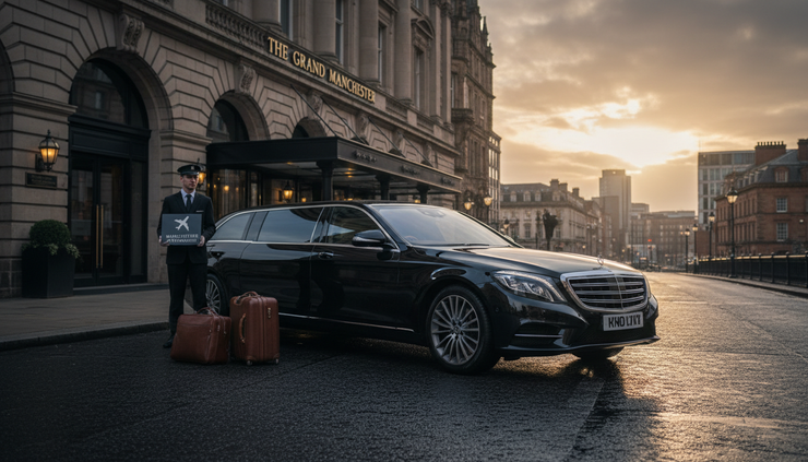 Wide-angle view of a luxury chauffeur car outside a Manchester hotel entrance.