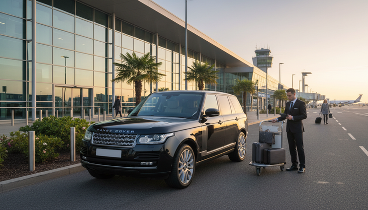 Eye-level view of a black chauffeur car waiting outside an airport terminal