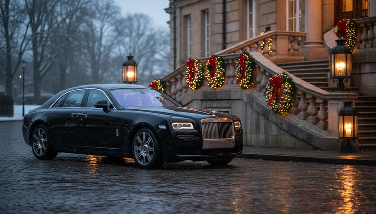Eye-level view of a Rolls-Royce Ghost waiting beside festive stone steps