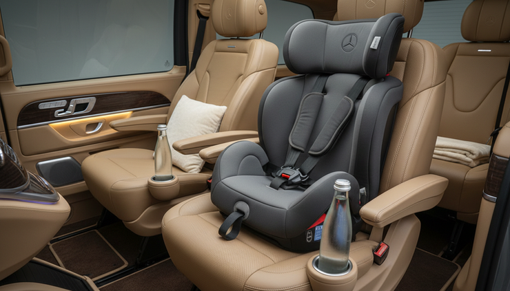 Close-up view of booster seats fitted inside a luxury chauffeur vehicle.