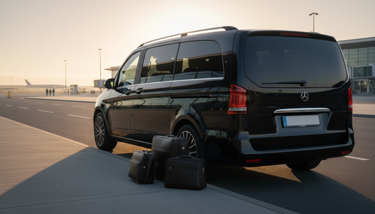 Eye-level view of a luxury people carrier parked near a quiet airport terminal kerb.