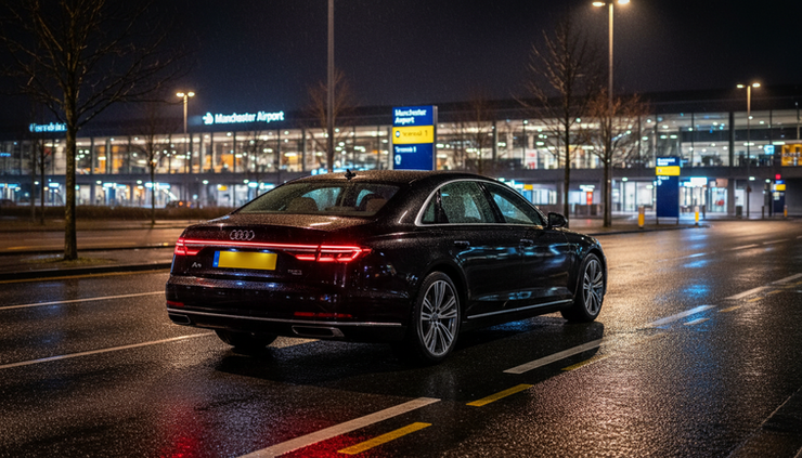 Rear view of a luxury saloon car approaching Manchester Airport at night
