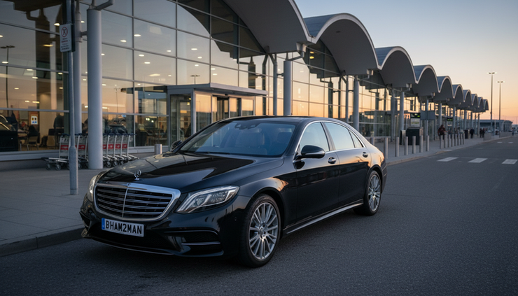 Wide-angle view of a luxury chauffeur car outside Birmingham Airport arrivals
