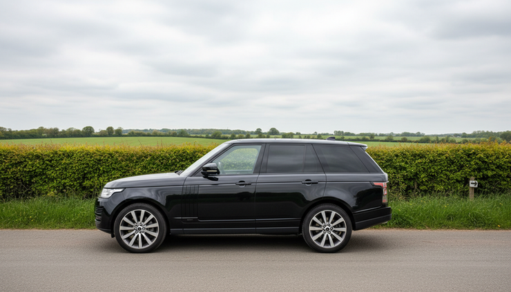 Eye-level view of a Range Rover beside a quiet countryside road in Cheshire.