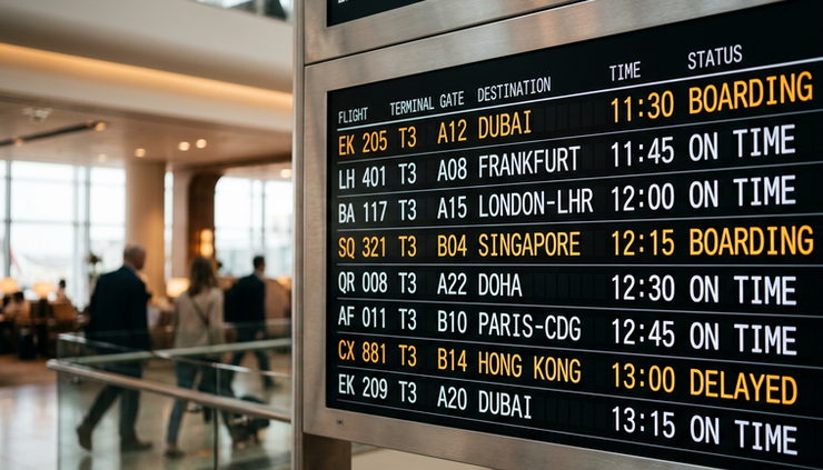 Close-up view of a flight information screen showing terminal numbers at an airport