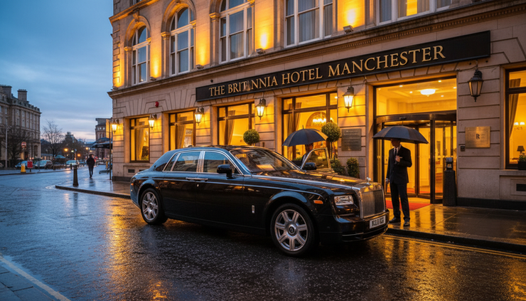 Eye-level view of a Rolls-Royce Phantom waiting outside a luxury hotel entrance in Manchester.