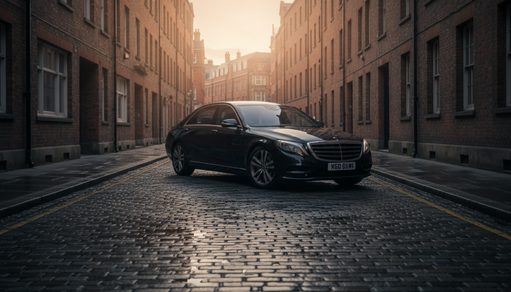 Wide-angle view of a black Mercedes S-Class on a quiet Manchester street.