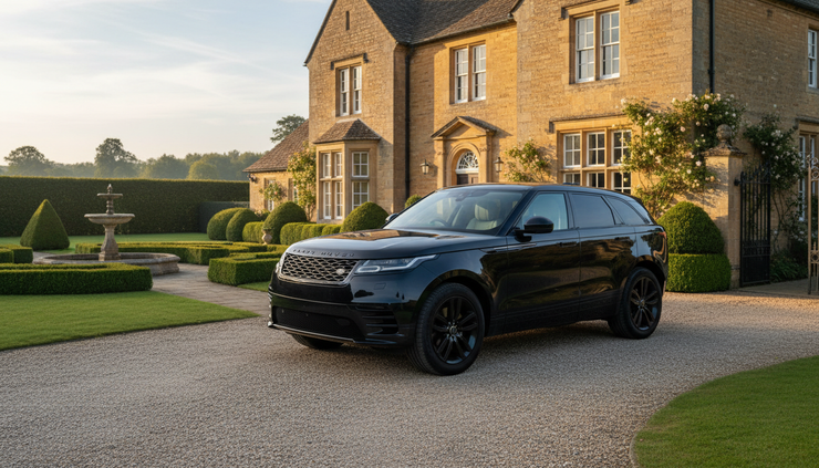 Eye-level view of a black Range Rover parked beside a country house driveway in soft morning light.