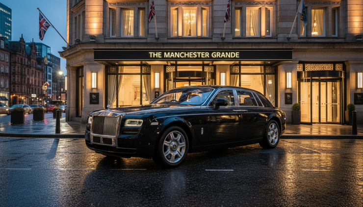 Wide-angle view of a Rolls-Royce Phantom outside a luxury hotel entrance in Manchester