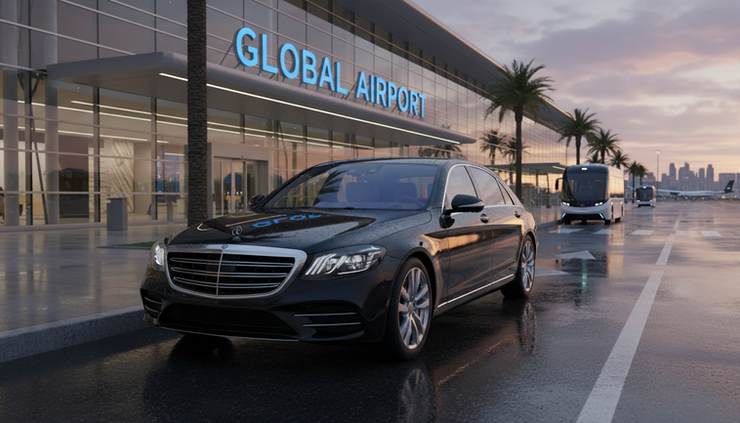 Wide-angle view of a luxury chauffeur car waiting outside Manchester Airport.