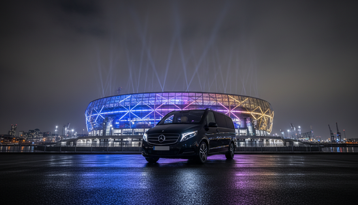 Wide-angle view of a luxury MPV near a stadium on an event evening