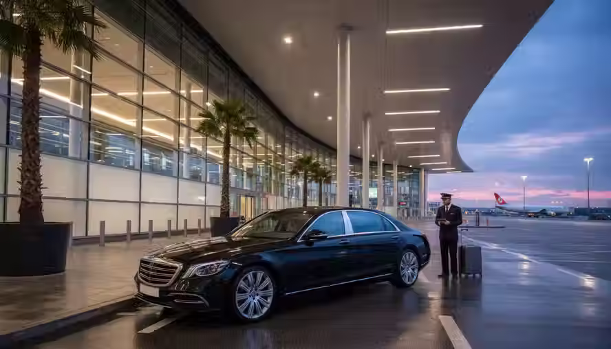 Wide-angle view of a black luxury chauffeur vehicle waiting near Manchester Airport at dusk