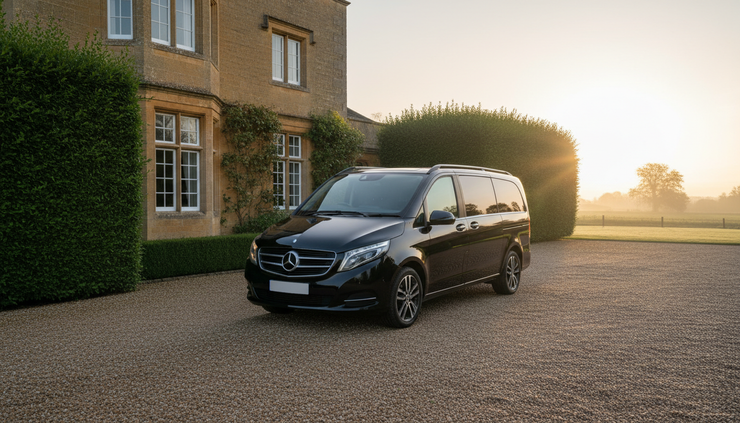 Eye-level view of a luxury people carrier parked near a countryside venue in Cheshire.