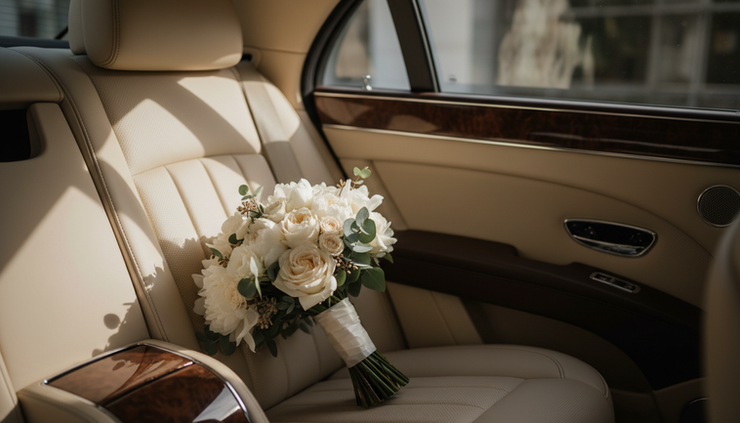 Eye-level view of a luxury chauffeur vehicle with a neatly arranged bouquet on the rear seat.