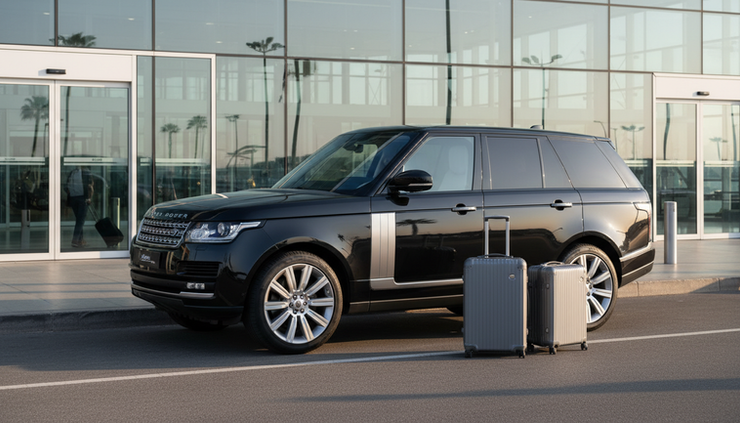 Eye-level view of a chauffeur vehicle beside premium luggage near an airport entrance.