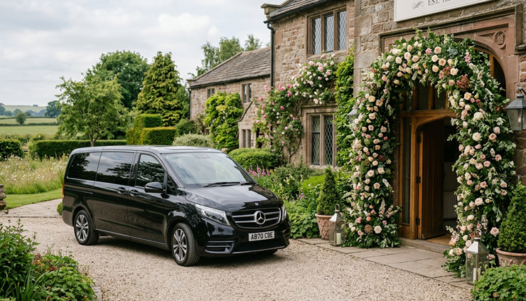 Eye-level view of a Mercedes V-Class beside a countryside wedding venue.